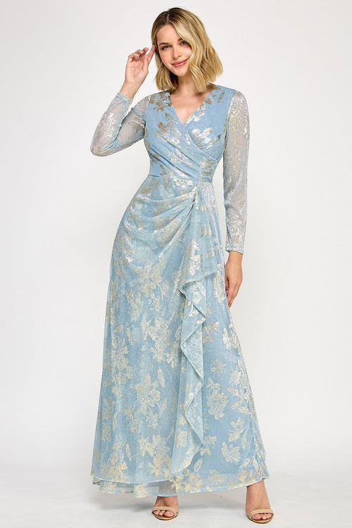 Lenovia 5333 Foil Floral Wrap Bonded Dress with Sheer Sleeves
