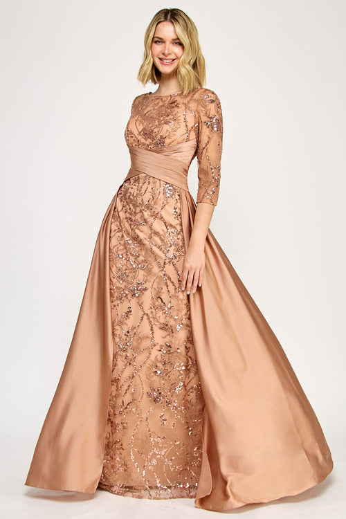 Lenovia 8355 Embroidered 3/4 Sleeve Sateen & Sequin Mother of the Bride Dress
