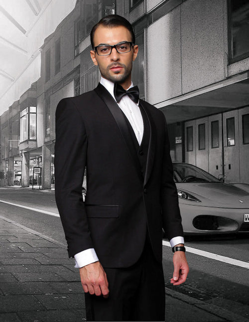 Mens Wool One Button Modern Fit Vested Shawl Prom Tuxedo in Black by Statement