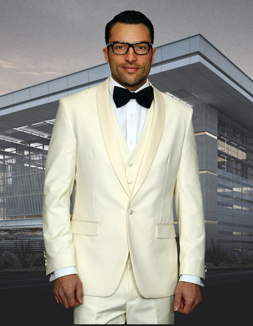 Mens Wool One Button Modern Fit Vested Shawl Prom Tuxedo in Ivory by Statement