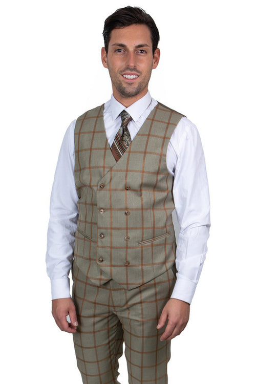 Men's Tan & Gold Windowpane Vested Suit by Stacy Adams