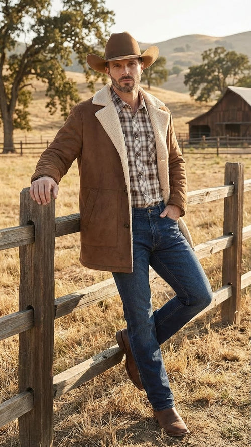 Saco Vaquero Men’s Brown Western Faux Suede Blazer Coat – Cowboy Style Long Jacket for Wedding, Party and Special Events