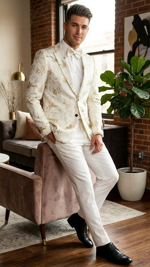 Men’s White and Gold Patterned Blazer - Paisley Floral Pattern Prom Wedding Suit Tuxedo Dinner Jacket + Bowtie by USA Men's Outlet
