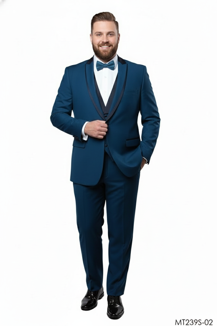 Men’s Teal Blue Tuxedo – 3-Piece Formal Suit with Satin Shawl Lapel, Vest, and Pants in Saphire Cobalt Blue Color