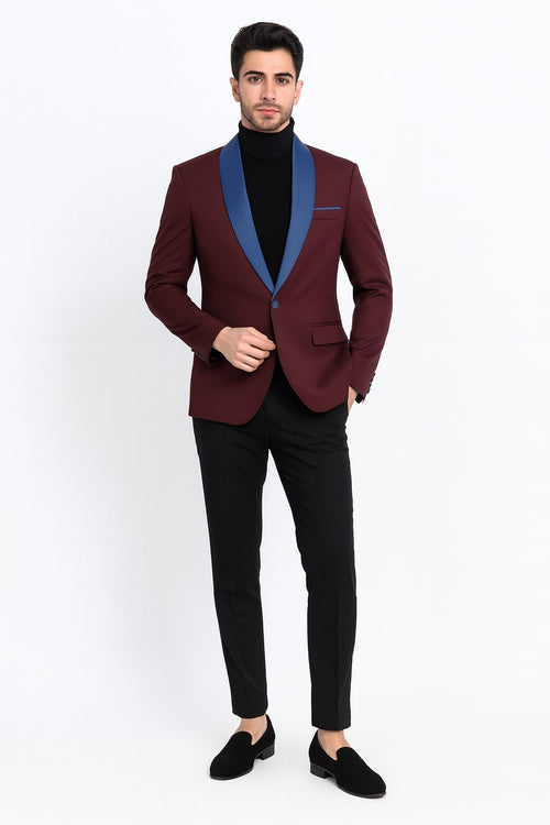 Mens Burgundy Tuxedo Dinner Jacket Blazer with Blue Satin Shawl Lapel Wedding and Party Jacket USA Men's Outlet