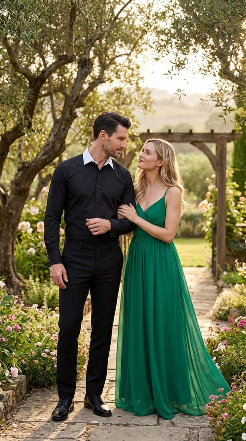 Men’s Black Dress Shirt with White Contrast Collar | French Cuff Cotton Poplin Formal Button-Up Shirt