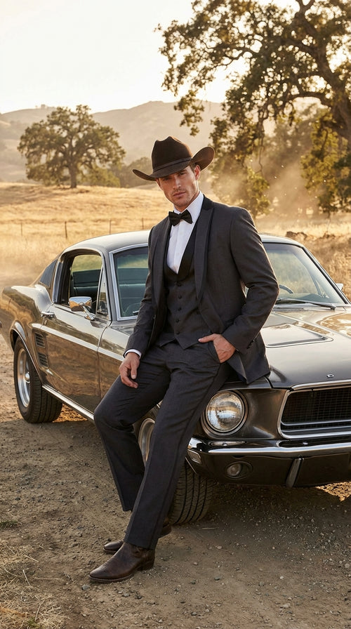 Charcoal Gray Western Tuxedo for Men | Classic Three Piece Formal Wedding and Evening Cowboy Tuxedo Suit With Trim Peak Lapel