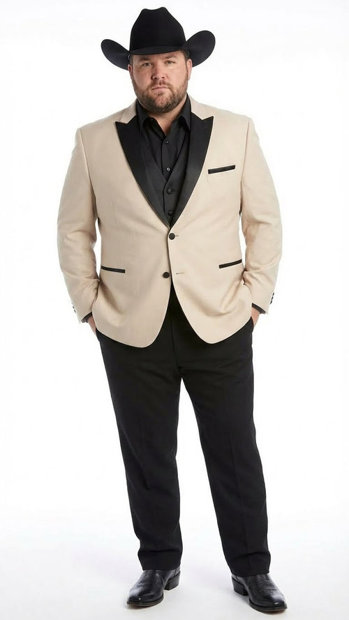 Men's Light Tan and Black Lapel Western Tuxedo Suit Set Wedding Party Cowboy Dress Tuxedo Black Pants