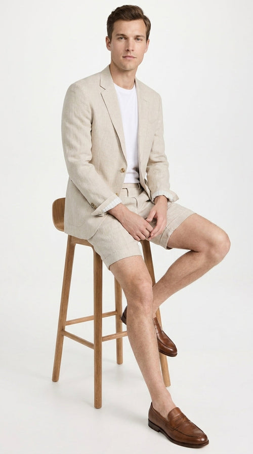 Menās Tan Linen Suit with Shorts, 2 Piece Summer Short Suit, Casual Beach Wedding Outfit