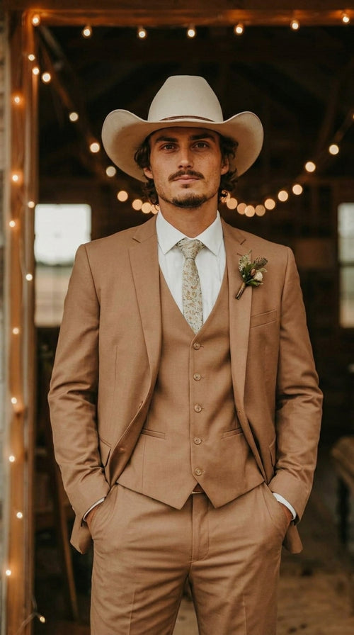 Mens Camel Brown Copper Western 3 Piece Suit β Classic Country Style Blazer Vest Pants Set, Formal Cowboy Suit Outfit