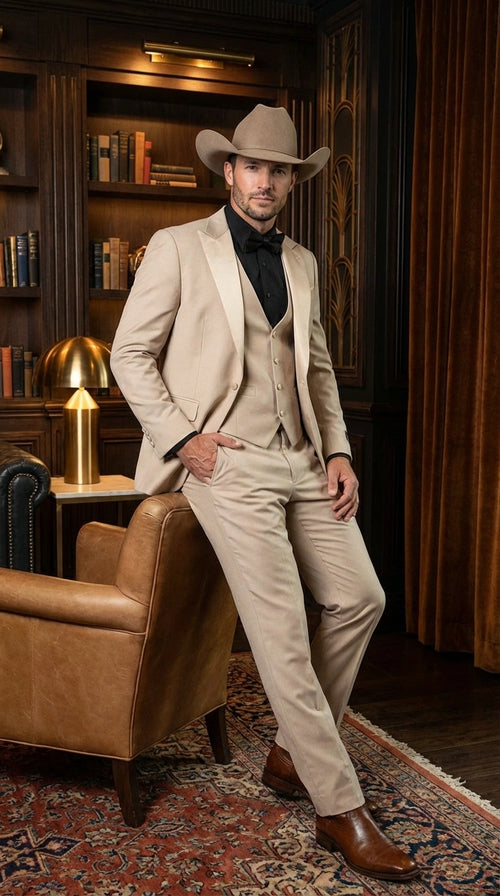Men’s Tan Cowboy Suit – Western Formal Two Piece Suit for Weddings, Champaign Sand Color