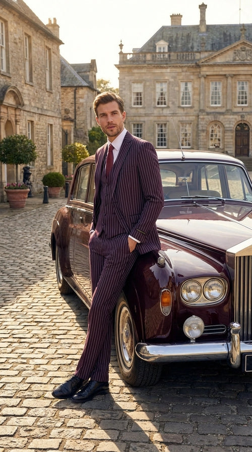 Men’s Plum Eggplant Pinstripe 3 Piece Suit – Burgundy Purple Formal Suit Gangster 1920s Mafia Pimp Suit