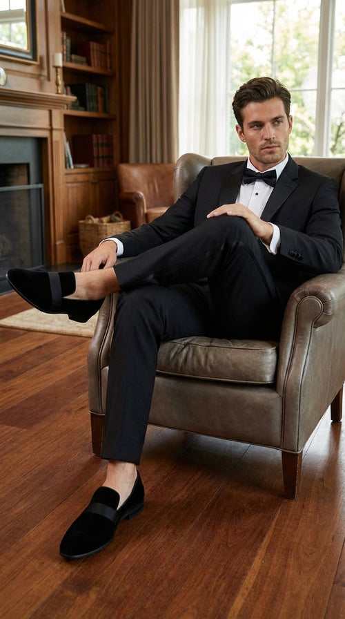 Men's Black Tuxedo Dress Velvet Loafers | Formal Slip-On Shoes for Wedding, Prom & Black Tie Events