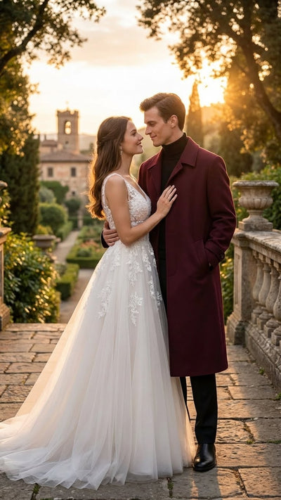 Men’s Full-Length Burgundy Overcoat – Microfiber 4 season fabric Long Formal Coat with Classic Tailored Maxi Duster Coat