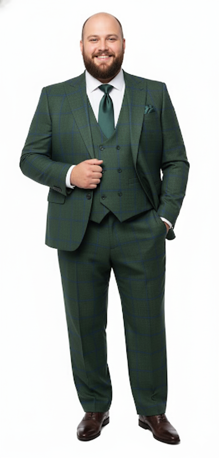 Men’s Green Plaid 3-Piece Suit – Classic Check Slim Fit Suit for Weddings, Church, and Formal By Rossiman