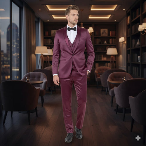 Mens Sateen Shiny Burgundy Slim Fit Tuxedo - Satin Shawl Lapel 3-Piece Suit by USA Men's Outlet