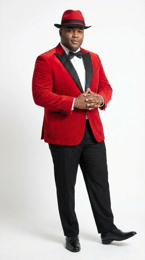 Men’s Red Velvet Fabric Rhinestone Blazer with Matching Red and Black Hat – Christmas New Year Holiday Party Jacket Set