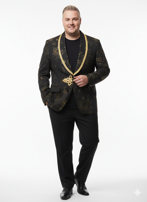 Men’s Black and Gold Embroidered Luxury Blazer - Designer Floral Pattern Wedding & Party Jacket (Sim534) by USA Men's Outlet