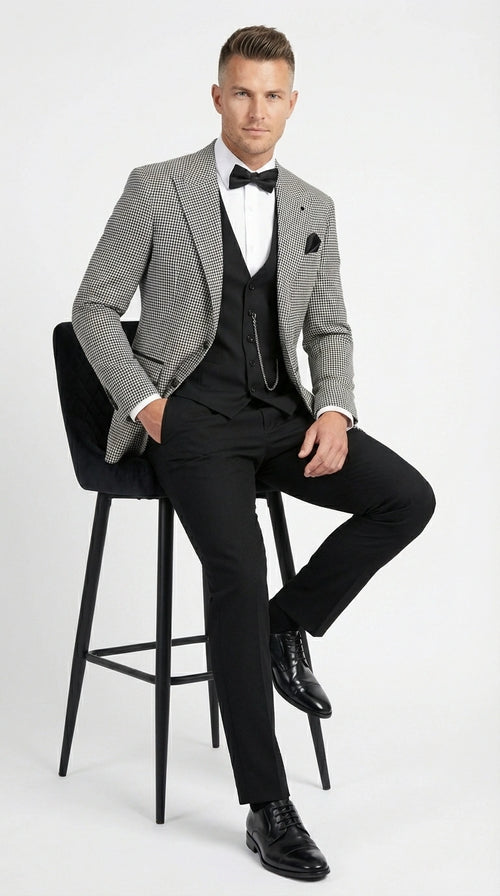 Men’s Black and White Houndstooth Gatsby Inspired Suit – Vintage Style Formal Suit for Wedding, Prom and Classic Events Blazer + Black vest + Black Pants