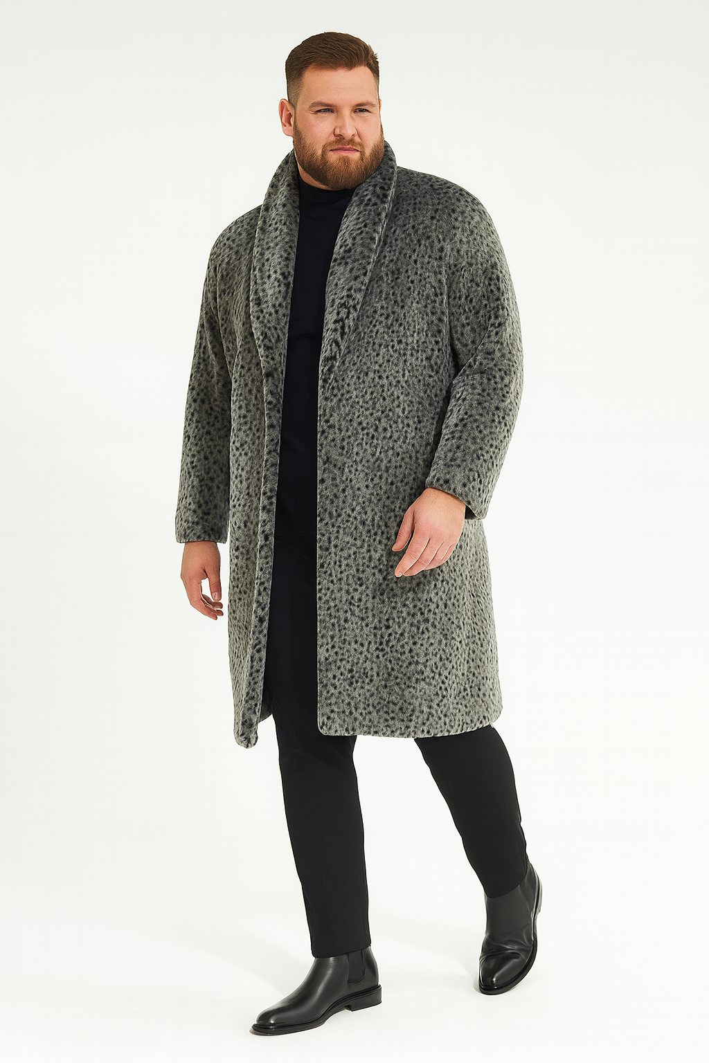Men’s Luxury Long Grey Faux Fur Coat - Winter Overcoat with Animal Print Design by USA Men's Outlet