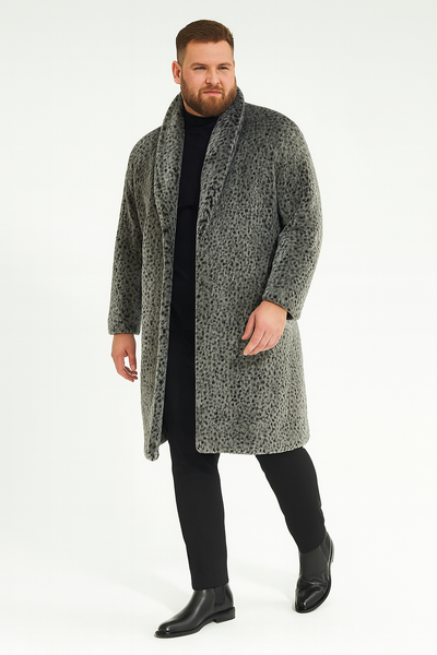 Men’s Luxury Long Grey Faux Fur Coat - Winter Overcoat with Animal Print Design by USA Men's Outlet