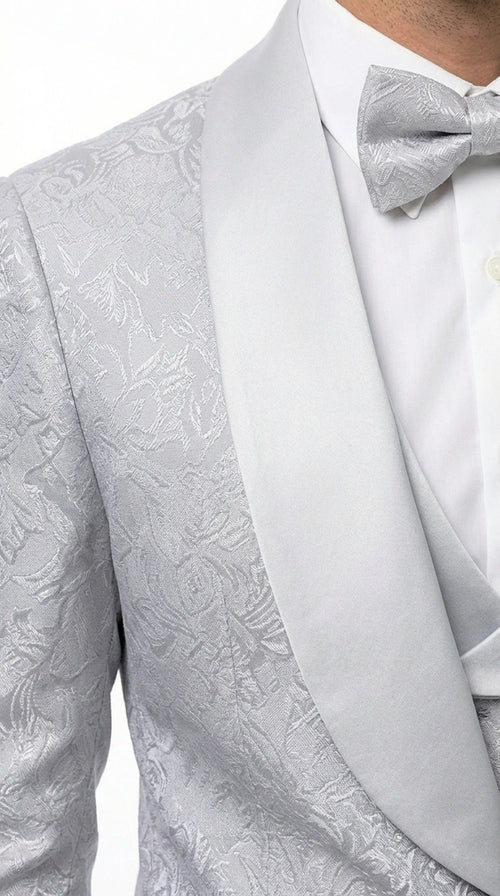 Mens Light Silver Wedding Tuxedo Suit β Paisley Fabric Three Piece Formal Suit Set with Shawl Lapel for Groom, Prom, Gala and ice Grey