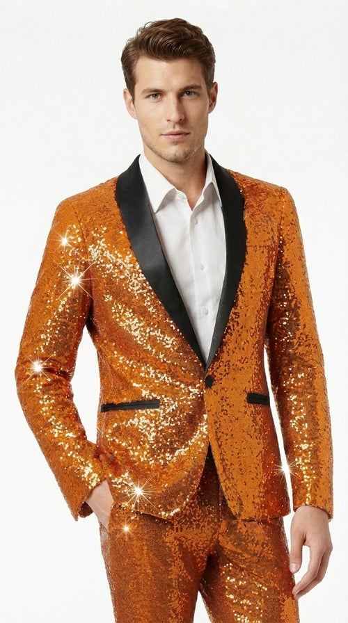 Mens Orange Sequin Tuxedo Suit β Shiny Wedding Suit Set with Black Lapel for Prom, Party, Gala and Formal Evening Wear - Goldish Orange