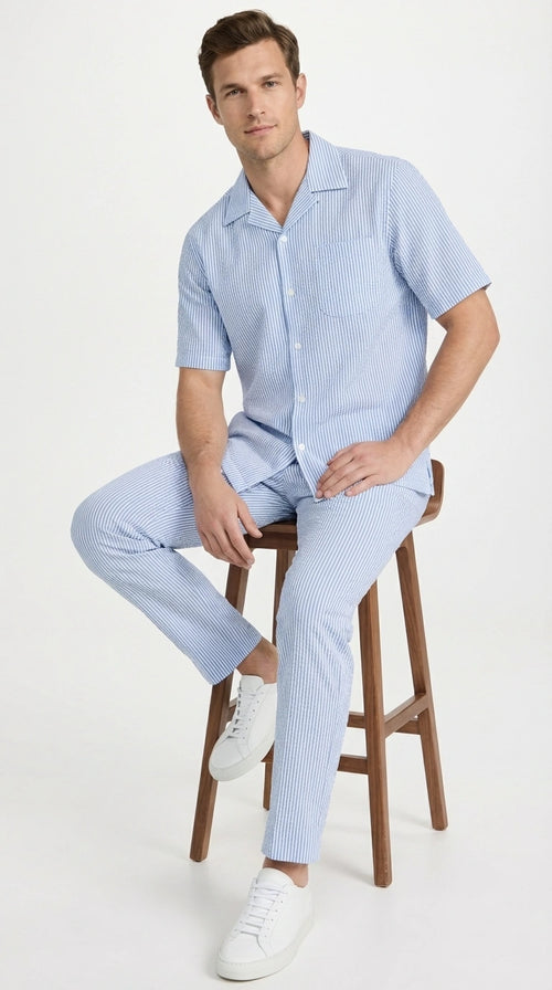 Mens Light Blue Seersucker Walking Suit Set β Casual Summer Short Sleeve Outfit with Matching Pants Lightweight Two Piece Set