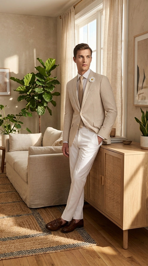 Mens Beige Seersucker Blazer β Lightweight Striped Summer Sport Coat Casual Smart Formal Jacket
