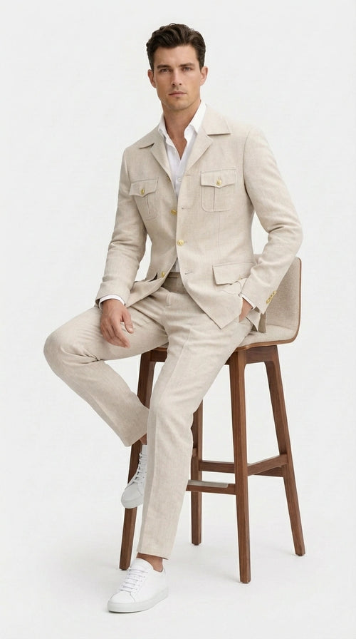 Mens Tan Beige Safari Military Walking Suit Set β Casual Two Piece Outfit Lightweight Summer Blazer and Pants Set Classic Casual Wear