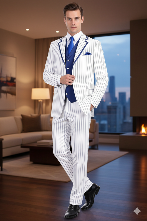 Men’s White and Royal Blue Pinstripe 3-Piece Suit - Classic Fit Blazer with Vest, Pants, and Tie by USA Men's Outlet