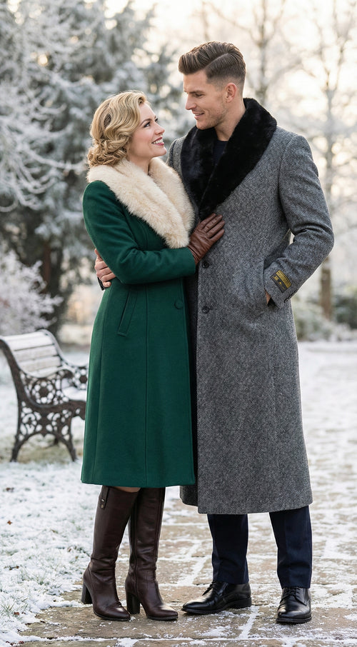 Men's Grey Herringbone Tweed Long Overcoat with Black Faux Fur Collar, Classic Winter Topcoat