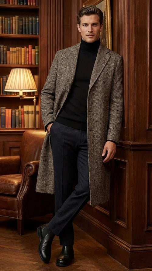 Men’s Black & Grey Herringbone Tweed Wool Blend Overcoat - Classic Single-Breasted Winter Blazer Carcoat by USA Men's Outlet