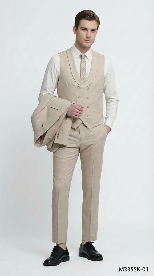 Mens Sand Beige 3 Piece Suit β Double breasted Vest Formal Suit Set and Dress Pants in Champaign Natural Summer Color