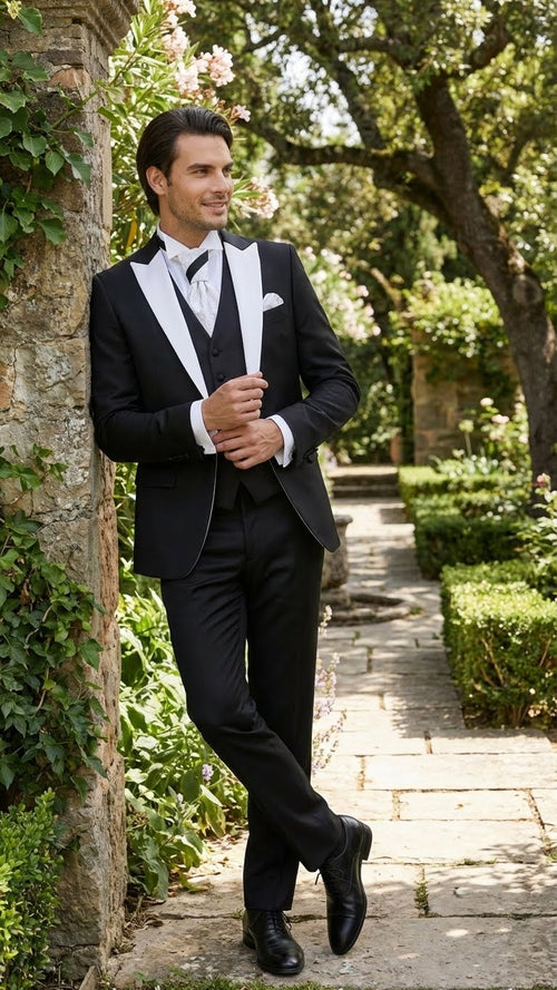Men’s Black and White Lapel Prom Tuxedo Suit + Black Vest + Black Pants Peak Lapel