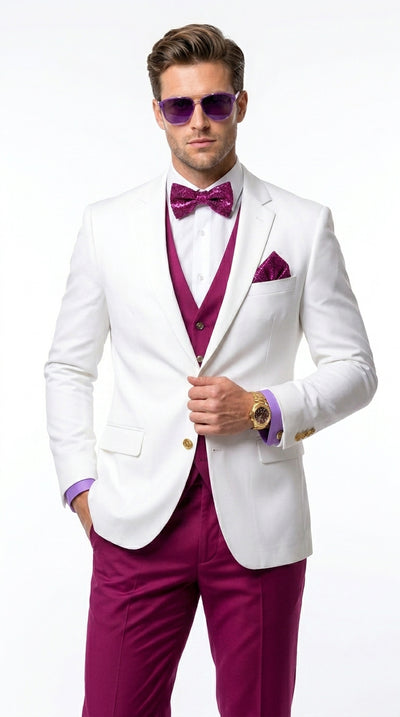 Men’s White and Burgundy Tuxedo Wedding Suit with Blazer, Vest, Pants and Bow Tie, Formal Groom Suit