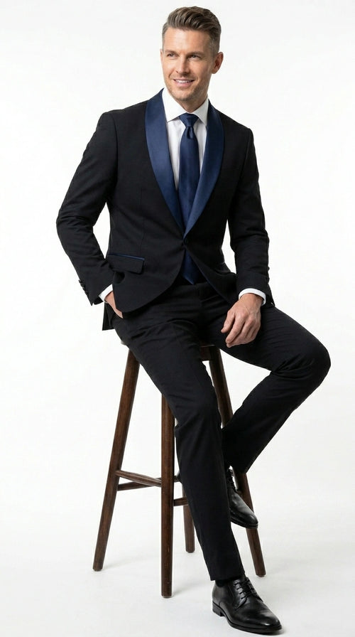 Men’s Black Suit with Navy Blue Lapel – Elegant Formal Tuxedo Style Suit for Wedding, Prom, Party and Evening Wear