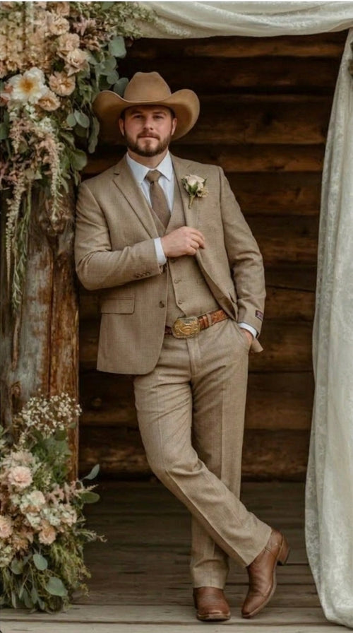 Mens Sharkskin Dark Taupe Tan with sheen Western 3 Piece Suit β Classic Country Style Blazer Vest Pants Set, Formal Cowboy Suit Outfit