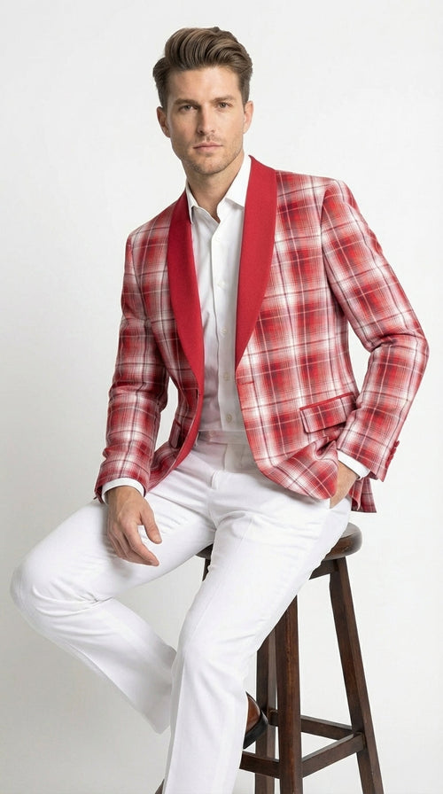 Mens Tartan Red and White Plaid Blazer – Check Pattern Sport Coat Red Shawl Lapel Party Christmas Holiday New Year