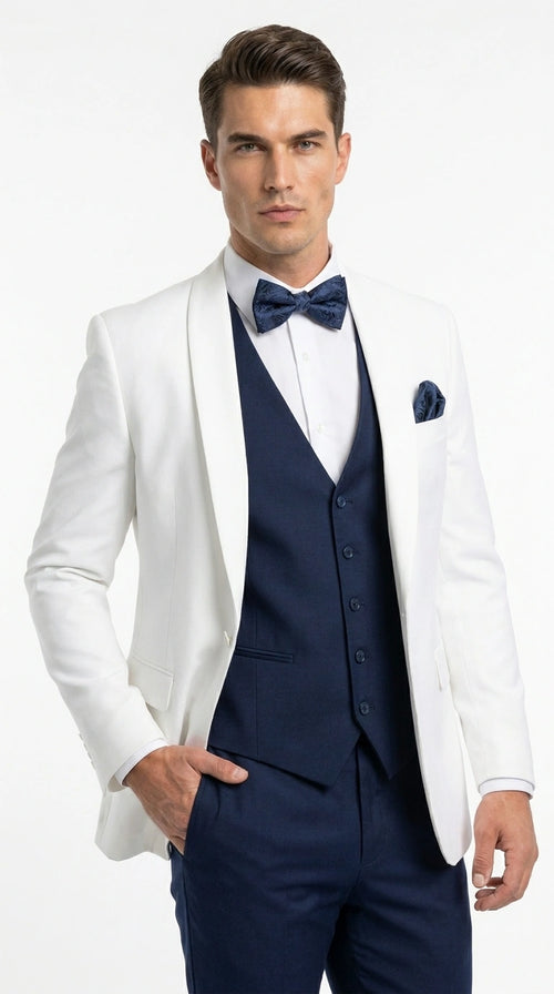 Men’s White and Navy blue tuxedo 3 Piece Suit – Classic White Blazer with Navy Vest and Pants for Wedding, Party + Bowtie