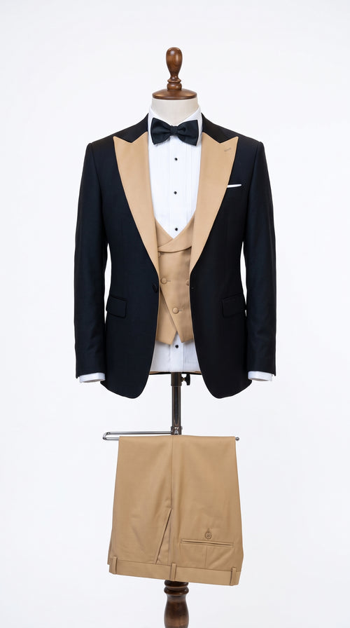 Men's Western Khaki Cowboy Tuxedo Suit ā Black & Tan Beige Peak Lapel 3-Piece Vested Formal Cowboy Suit