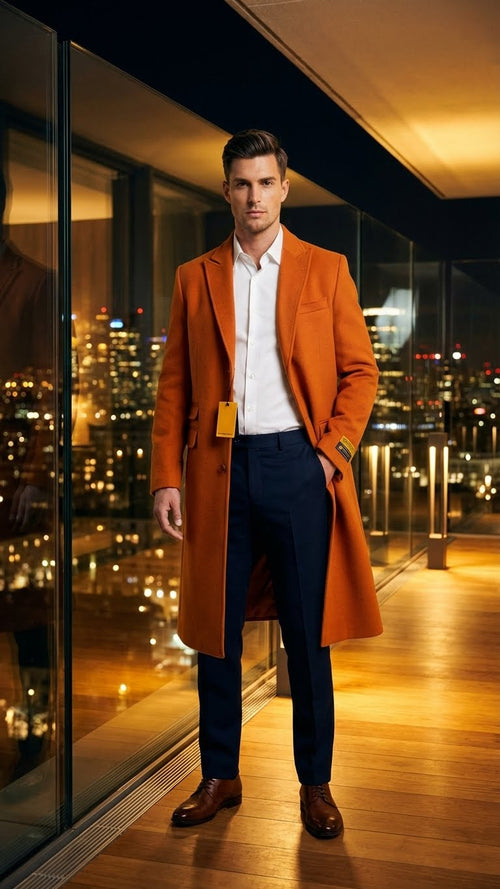 Men’s Orange - Rust Wool Blend Long Overcoat - Topcoat Carcoat Topcoat by USA Men's Outlet
