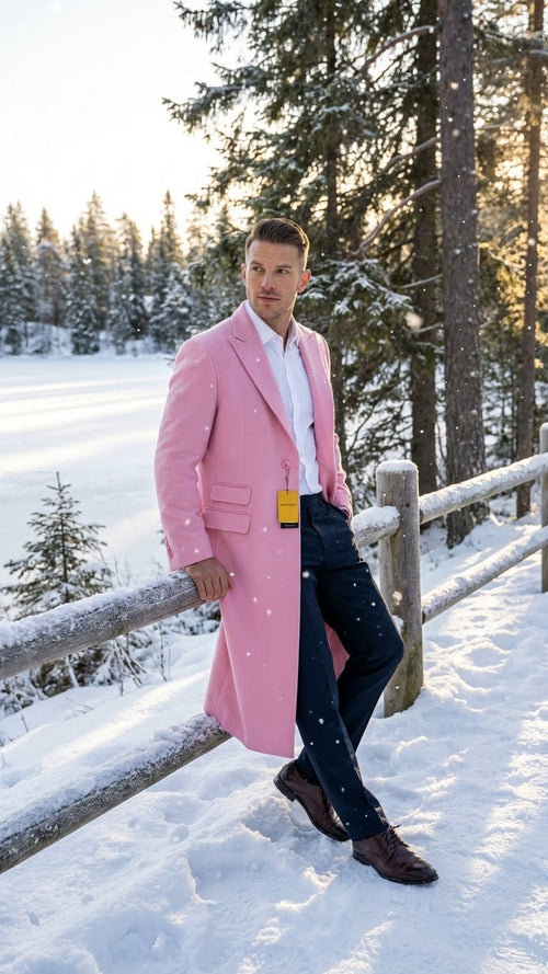 Men’s Pink Wool Blend Long Overcoat - Slim Fit Tailored Winter Coat - Carcoat - Topcoat by USA Men's Outlet