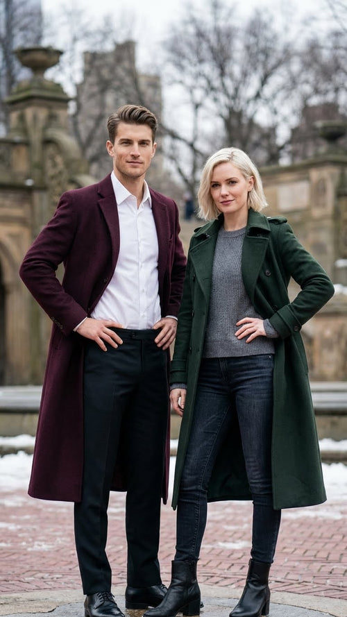 Men’s Burgundy Long Coat – Classic Fit Wool Blend Overcoat - Topcoat Full length