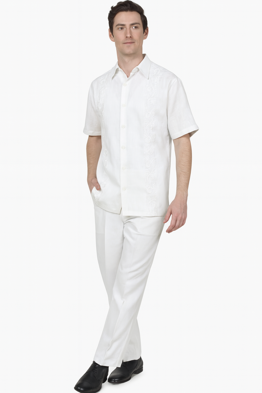 Men’s Linen White Embroidered Guayabera Two-Piece Set - Short Sleeve Shirt and Pants - Summer Walking Suit by USA Men's Outlet