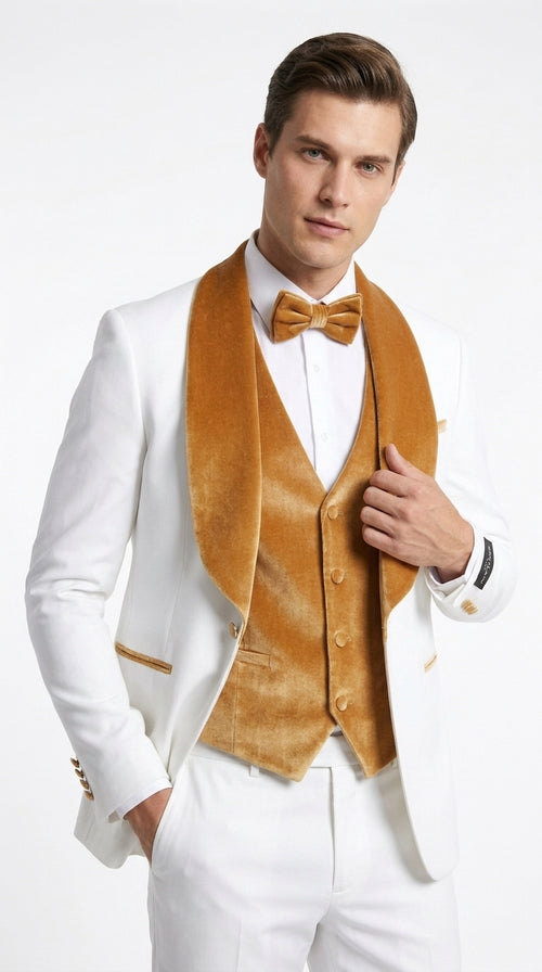 Men's White & Gold Tuxedo β Velvet Shawl Lapel 3 Piece Wedding & Prom Suit