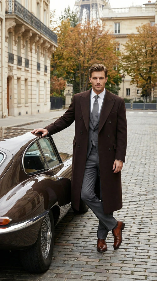 Menās Brown Long Overcoat ā Double Breasted Classic Formal Winter Coat for Business, Topcoat and Cold Weather Wear