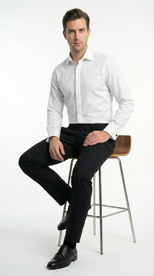 Mens White Herringbone Shadow and Tone on Tone Dress Shirt β Classic Formal Wedding