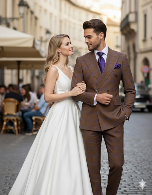 Men’s Brown Plaid Double-Breasted Suit – Premium 2-Piece Classic Checkered Windowpane Suit by Rossiman