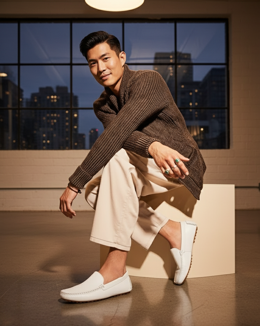 Men’s Mundo White Leather Loafers – Classic Slip-On Dress Shoes for Casual and Formal Wear